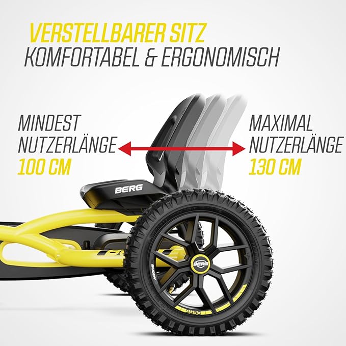Berg Toys Buddy Cross Pedal Go Kart for Kids and Adults – Adjustable Ride On Toy for Ages 4-8 – Go Karts with BFR System,Outdoor Pedal Car for Kids (Yellow)