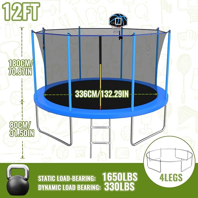 10FT/12FT/14FT Outdoor Trampoline for Kids and Adults - Trampoline with Basketball Hoop & Sprinkler - Anti Rust - ASTM Approved - Blue
