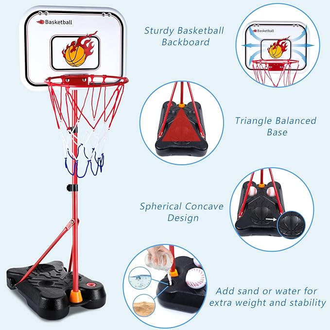 SIOTMERA 4 in 1 Kids Basketball Hoop and T Ball Set, Adjustable Height Toddler Basketball Hoop with Hanging Tee Baseball, Outdoor Indoor Toys Gifts for Boys Girls Ages 3-8