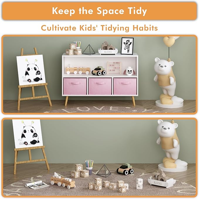 2-Tier Bookcase Bookshelf with Collapsible Fabric Drawers,Cute Book Display Storage Cabinet Organizer for Playroom Livingroom (Pink 2)