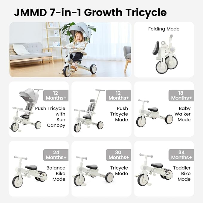 JMMD Baby Tricycle, 7-in-1 Multifunctional Kids Trike with Adjustable Parent Handle, Safety Harness & Wheel Brakes, Removable Canopy, Stroll Trike for Boys & Girls Ages 18 Months-5 Years, Gray