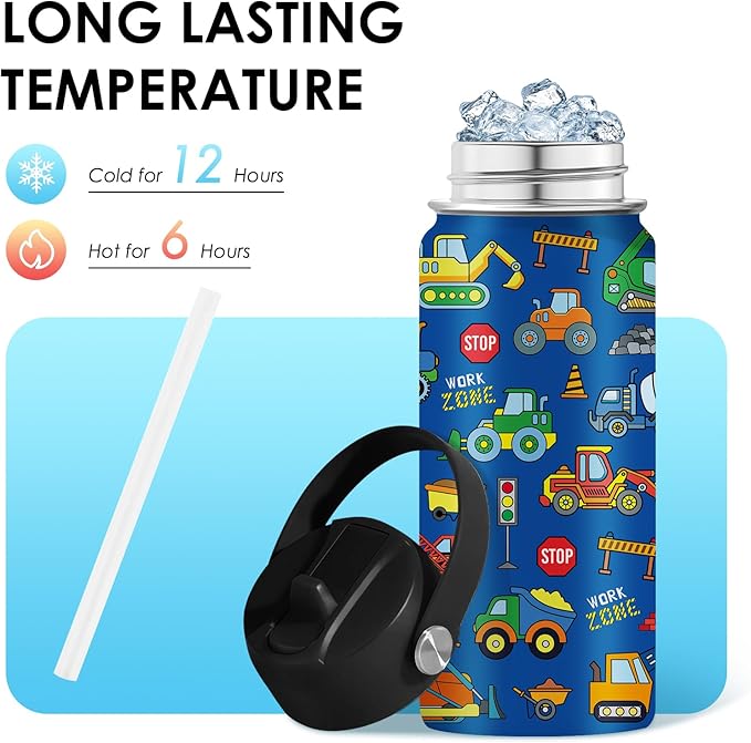 Construction Gifts for Men & Women - 16 Oz Water Bottle with Straw Lid, Stainless Steel Insulated Tumbler, Leak Proof, BPA-Free, for Boys, Travel - Truck Lovers Teen Birthday Gifts Cups(1pc)