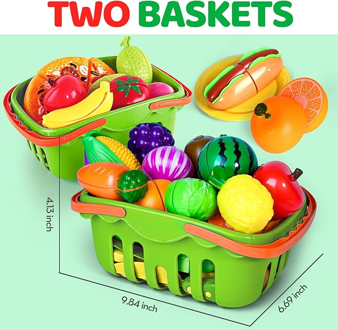 100 PCS Cutting Play Food Toy for Kids Kitchen, Pretend Food Toys for Toddlers, Play Kitchen Toys Accessories with 2 Baskets, Fake Food/Fruit/Vegetable, Birthday Gifts for 3 4 5 6 Years Old Boys Girls