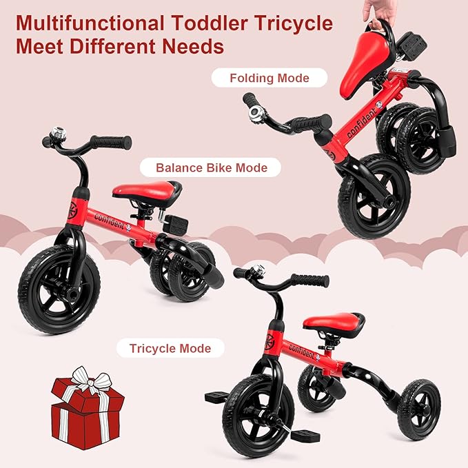 XPIY Tricycle for Toddlers Age 2-5 Years Old, 3 in 1 Folding Toddler Bike for Boys and Girls, Kids' Bike Trike with Detachable Pedal and Adjustable Seat (RED)