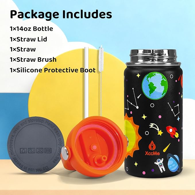 Kids Water Bottle With Straw Lid,14 oz Stainless Steel Travel Bottle,Double Wall Leak Proof Kids Cup,Insulated Tumbler for Toddlers,Metal Bottle for School Boys Girls (Space)