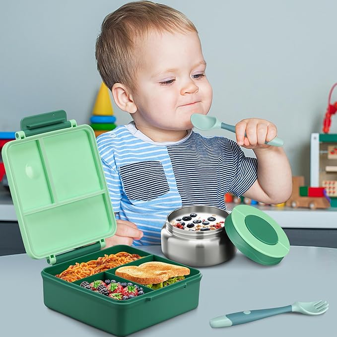 Itslife Bento Lunch Box for Kids with 8oz Soup Thermo&Lunch Bag, Leak-Proof Lunch Food Containers with 4 Compartment, Hot Food Insulated Food Jar for Kids School (Green)