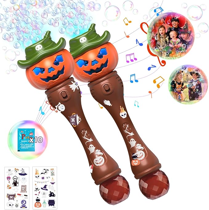 Halloween Pumpkin Bubble Wand for Kids - 2 Pack Automatic Bubble Machine Blower Toys for Toddlers 3-8 with LED Lights, Music Function, DIY Stickers,10 Refill Solutions, Halloween Party Favors Gifts