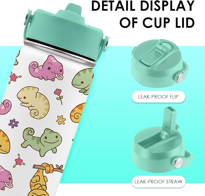 Axolotl Gifts for Girls - 16oz Green Axolotl Water Bottle with Straw Lid, Stainless Steel Insulated Tumbler, Leak Proof, for Boys, Sport, Travel, School - Animal Lovers Children Birthday Gift Cup(1pc)