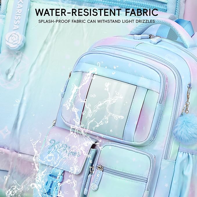 Tanou Backpack with Lunch Box for Girls, Kawaii Set School Bag for Kid Elementary Middle School, Aesthetic Laptop Bookbag Lightweight, Blue