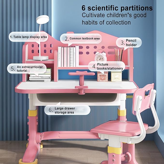 Kids Desk and Chair Set, Height Adjustable Kids Desk with Storage Drawers and Bookshelf, Ergonomic Table for Kid, Escritorio para NiñOs (Pink)