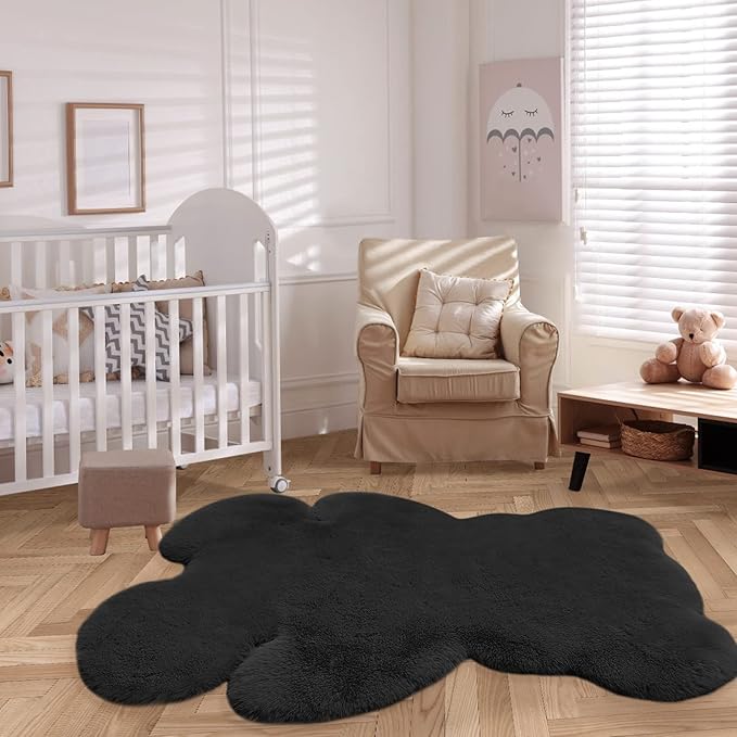 4x5.3 ft Black Bear Shaggy Large Rug, Soft Fluffy Faux Sheepskin Fur Rug Fuzzy Shag Area Rug Cute Plush Carpet for Nursery Kids Girls Bedroom Room Aesthetic Living Room Floor Home Decor, Black