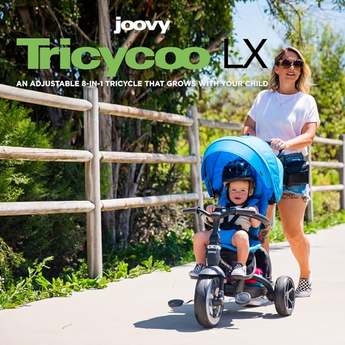 Joovy Tricycoo LX Premium Kids Tricycle with 8 Stages Featuring Chunky Front Tire, Removable and Adjustable Parent Handle, Safety Harness, Machine-Washable Seat Pad, and Retractable Canopy, Zinnia