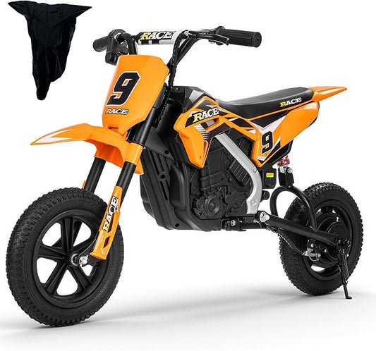 24V Electric Dirt Bike for Kids, 250W Electric Motorcycle Up to 11 MPH & 10 Miles Long-Range, Twist-Grip Throttle, 12" Knobby Tires, Spring Suspension, Music, Orange (with Cover)