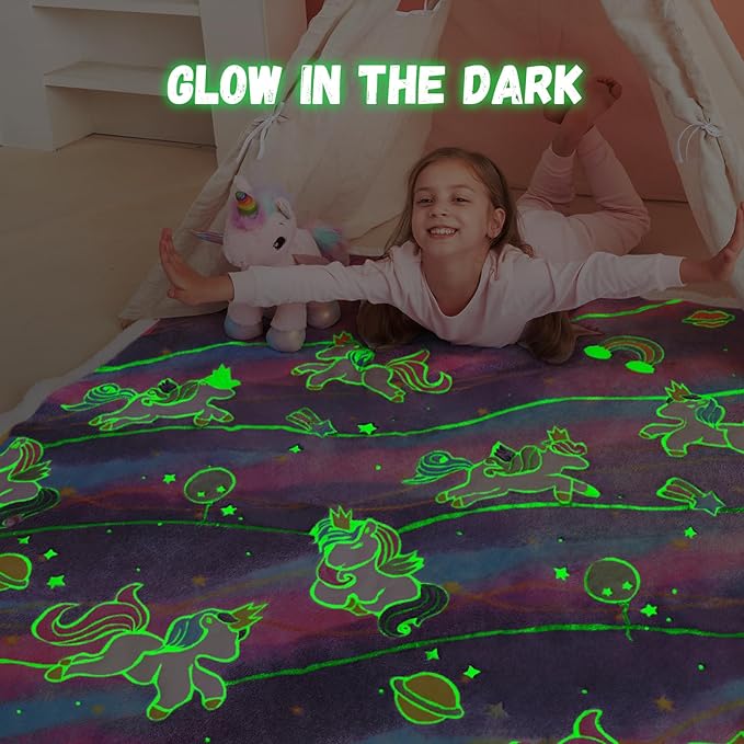 Glow in The Dark Unicorns Blanket,Unicorns Gifts Toys for Girls, Christmas Birthday Presents Decor for Kids Age 3-14 Year Old Daughter Teen Child Toddler Soft Sherpa Blanket Fleece Throw 50"x60"