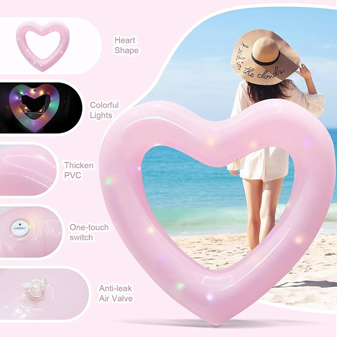 Inflatable Heart Pool Float, Sweet Love Swim Rings Float Loungers Tube for Summer Water Fun Beach Party Toys for Kids, Adults