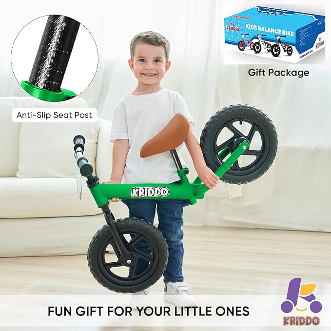 KRIDDO Toddler Balance Bike 2 Year Old, Age 18 Months to 5 Years Old, 12 Inch Push Bicycle with Customize Plate (3 Sets of Stickers Included), Gift Bike for 2-3 Boys Girls, Green