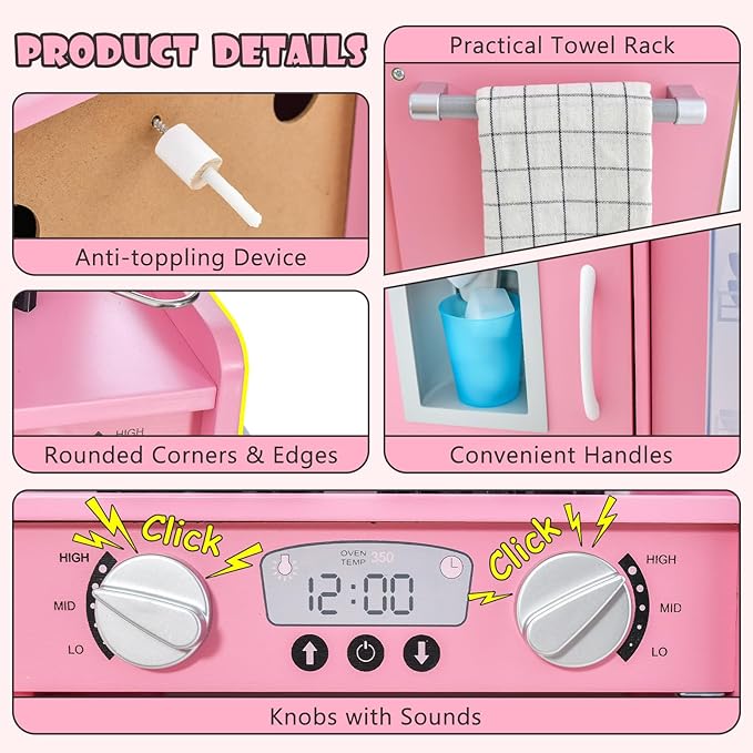 Costzon Kids Kitchen Playset, Wooden Pretend Cooking Toy Set w/Realistic Sound, Large Blackboard, Telephone, Microwave, Ice Maker, Dishwasher, Oven, Storage Space, Play Kitchen for Kids Ages 3+ (Pink)