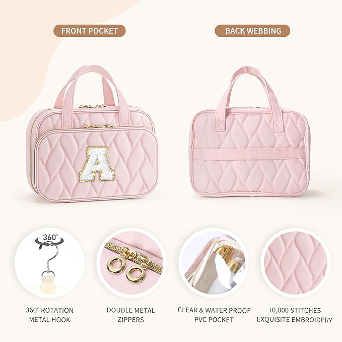 YOOLIFE Hanging Toiletry Bag Makeup Bag for Women Girls, Initial Toiletry Bag Cosmetic Bag, Personalized Birthday Gifts for Women Teen Girls Letter Pink A