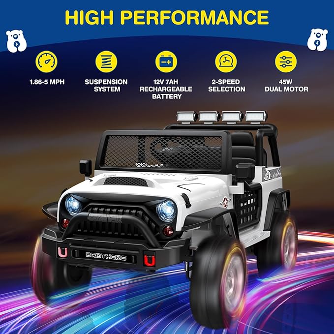 L8 2 Seater Ride On Car, 12V Kids Electric Car w/Remote Control, 4-Wheel Suspension, Bluetooth Speaker, Multi Music Modes, 3 Speeds, LED Lights, Xmas & Birthday Gift Ideas for Kids Ages 3+