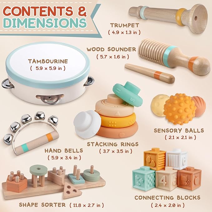 Montessori Baby Toys for 1 Year Old, Wooden Musical Instruments for Toddlers 1-3, Infant Sensory Teether, Stacking Toy Shape Sorter, Neutral Color Educational Birthday Gift for Kids 3+ (8 IN 1)
