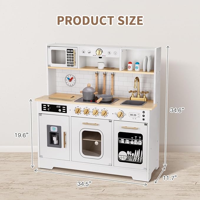 OOOK Kids Play Kitchen Set with Plenty of Features, Sink, Oven, Stove, Dishwasher, Coffee Maker, Ice Maker and Microwave, Play Kitchen Sets for Kids Ages 4-8
