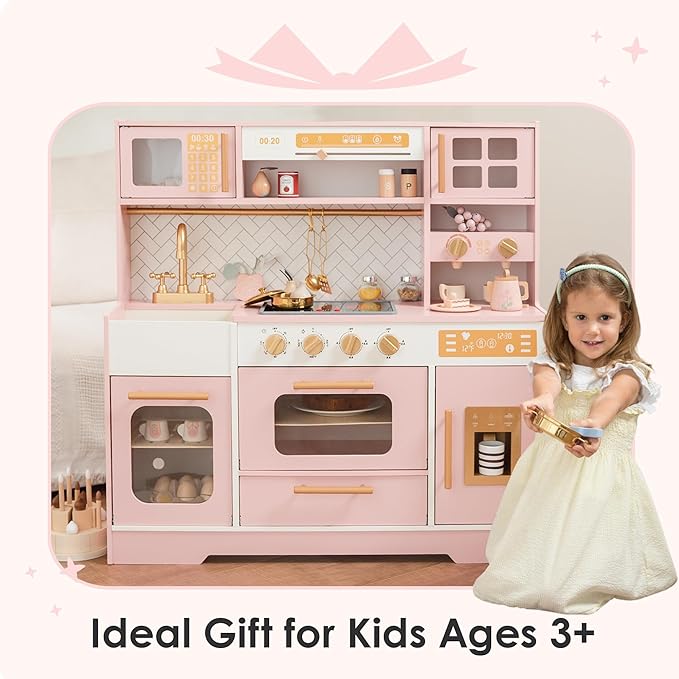Pink Wooden Play Kitchen for Kids– Realistic Appliances, Storage & 15 Fun Accessories for Inspiring Pretend Play (Ages 3+)