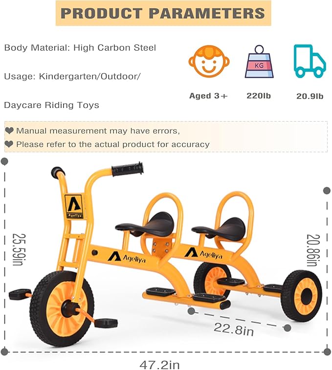 Kids Tandem Tricycles for 3-5 Year olds, Preschool Pedal Trike for Group Yard Play, Sturdy Metal Frame,Solid Rubber Tires, Ideal for Outdoor Daycare Playground Kindergarten Joyride