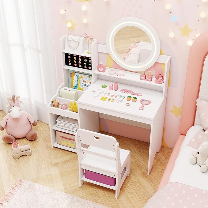 HONEY JOY Kids Vanity with Lights, Wooden Princess Makeup Dressing Vanity Desk with Jewelry Storage, Open Shelves, 2 in 1 Toddler Vanity Table & Chair Set with Lighted Mirror for Little Girls(White)