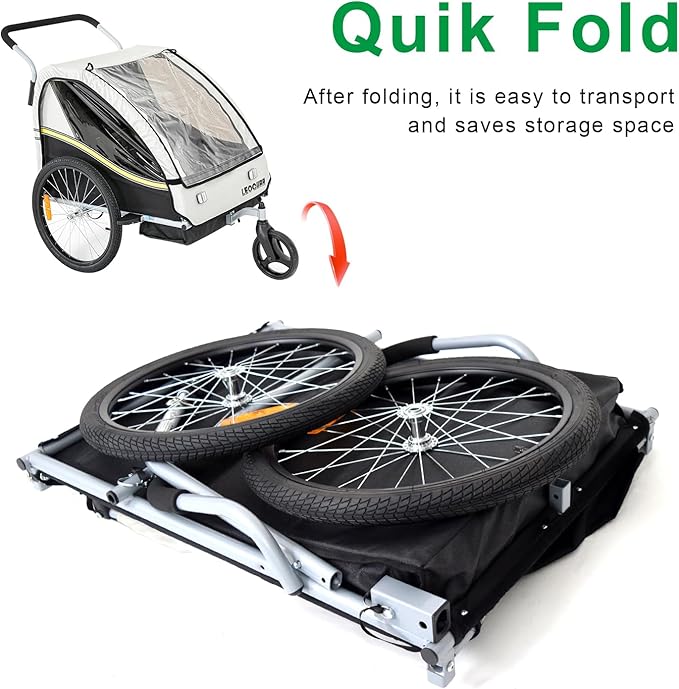 LEOGUAR Bike Trailer for Kids, Stroller, Suitable for 1 to 2 Kids, 5-Point Harness, Padded seat and Backrest, Folding Frame, Quick Release Wheels, 8" Swivel Front Wheel, Bug Screen & Weather Shield
