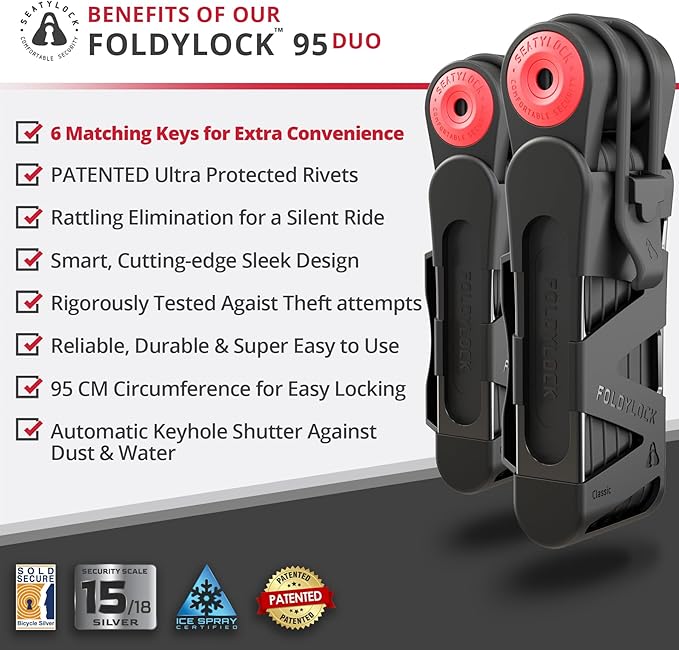 Seatylock FoldyLock Classic 95 Folding Bike Lock Set - Patented 2 Matching Bicycle Locks with 6 Identical Keys - Heavy Duty Anti Theft Secure - Guard with Keys & Case Mount - 37.4"