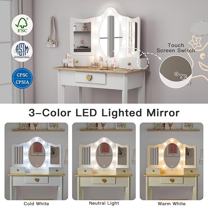 labebe Kids Vanity, Girls Vanity Desk with LED Changing Lights, Pretend Play Princess Vanity Set, Wooden Toddler Makeup Desk Dressing Table with Drawer and Chair (White)