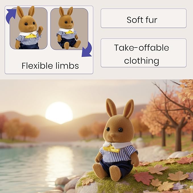 Family Brown Rabbit Figures — Set of 2 Collectible Flocked Mini Dolls with Removable Clothes, Miniature Dollhouse Pretend Play Figures for Kids Ages 3+