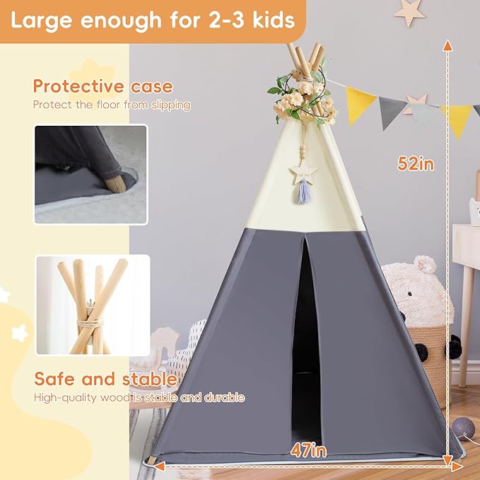 Teepee Tent for Kids, 100% Cotton Play Tent with Mat, Kids Teepee Tent with Colored Flag, Quality Portable Play Tent with Carry Bag for Girls and Boys Indoor Outdoor (Beige Gray with Mat)