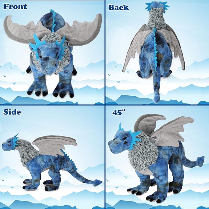 Dragon Plush Toy, Frost Wyrm Stuffed Animal Throw Plushie Pillow Doll, Soft Blue Fluffy Friend Hugging Cushion - Present for Every Age & Occasion