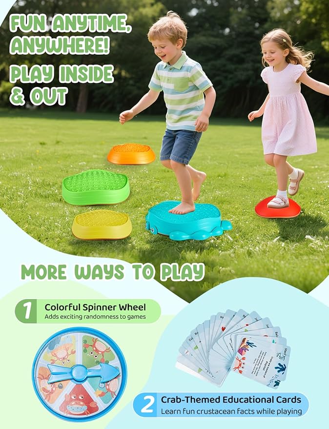 YOHOOLYO Stepping stone for kids, 5 Pack Non-Slip Child Balance Stones, Outdoor Indoor Play Toys, Rainbow Crab Design for Toddlers Kids 3-5 Gift