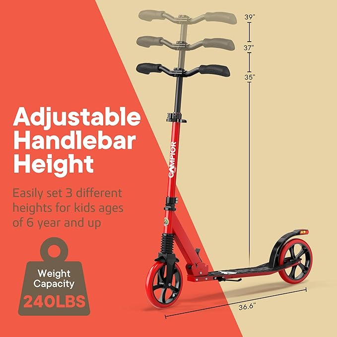 Kick Scooter for Ages 6+, for Kids, Teens, and Adults, Max Load 240 LBS, Foldable, 8-inch Big Wheels for Kids and Adults, with Kickstand, 3 Adjustable Levels, Child Safety Approved, Red