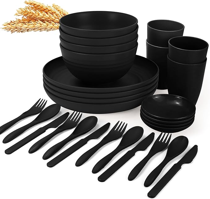Wrova Wheat straw dinnerware set of 28 - Bowls and Plates Set for Dorm - Microwave and Dishwasher safe dish sets for kitchen,camping,indoors and out doors.Black