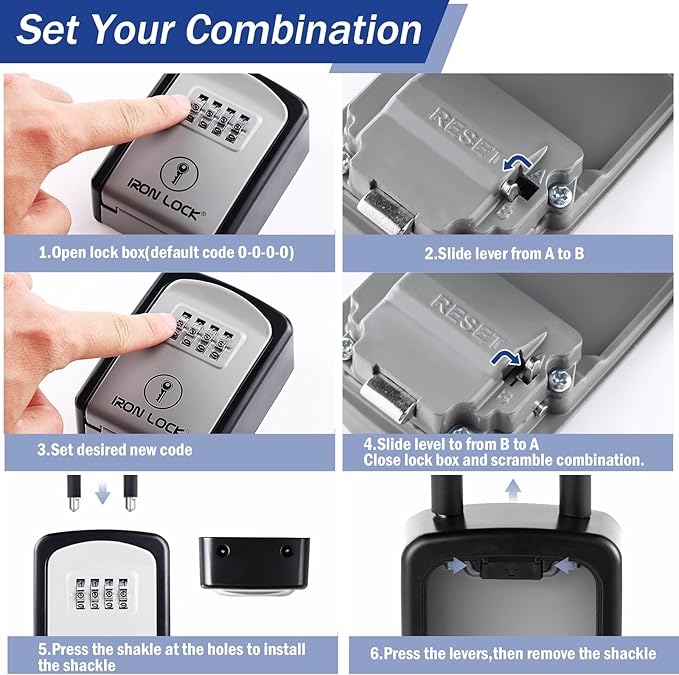 Iron Lock® Portable Key Lock Box with Removable U-Shackle Indoor Outdoor Waterproof 4 Digit Combination Resettable Code with A B Switch Key Lockbox for Outside Spare Keys for Realtors (Small, Grey)