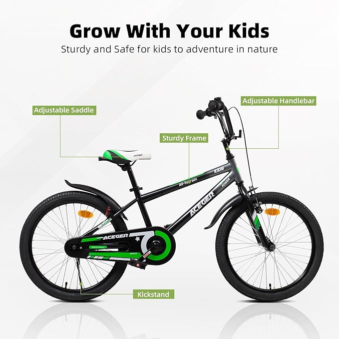 ACEGER Simon Kids Bike for Boys Girls Toddlers, Unisex for Aged 3-13 Years, 12 14 16 18 Inch Children Bicycle with Training Wheels, 20 Inch Bike with Kickstand
