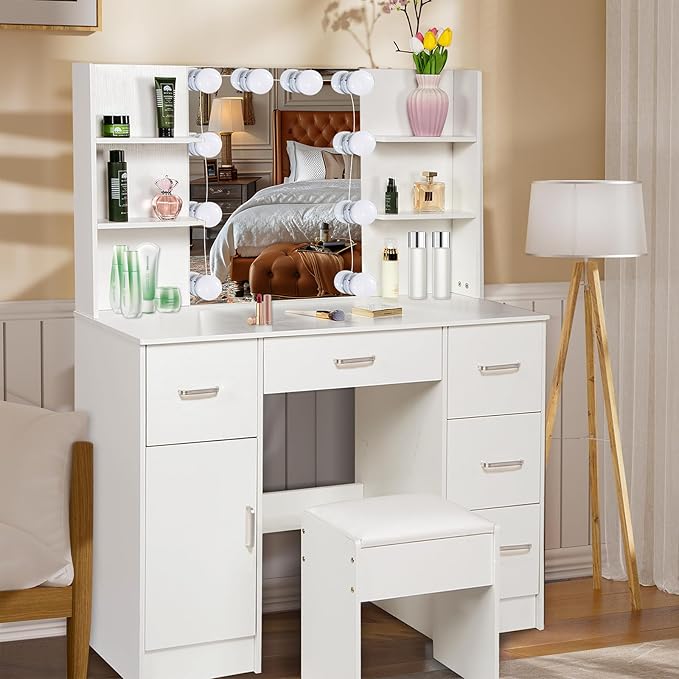 Makeup Vanity Desk with Lighted Mirror, 39.4''W White Vanity with 3-Color Adjustable Brightness, 7 Drawers & Open Shelves, Big Vanity Table for Bedroom, Girls & Women