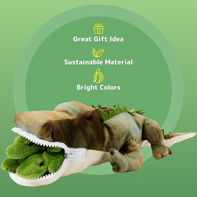 PREXTEX Stuffed Alligator Toy with 3 Baby Alligators - Alligator Plush Mommy with 3 Zippered Stuffed Alligator Babies, Ideal Stuffed Animal for Boy or Girl Playtime - 3-5 Years