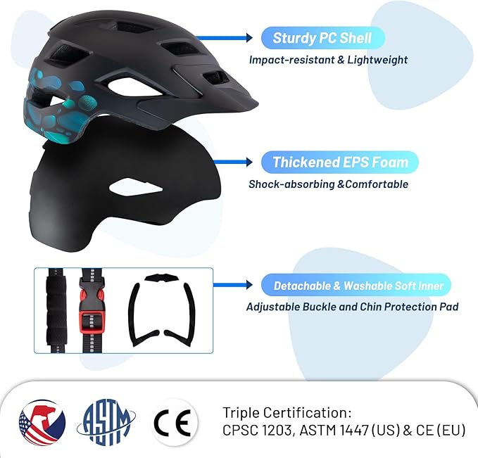 Kids Bike Helmet for Boys & Girls Ages 5-8-14,Lightweight Adjustable 50-57cm Bicycle Helmet with Visor & Reflective Strap，CPSC Certified for Cycling, Skating, Scooters