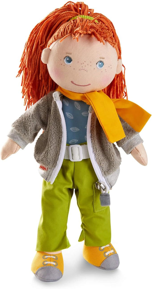 HABA 12" Soft Doll Soley with Red Hair, Outdoor Adventure Outfit and Embroidered Face, Machine Washable Baby Doll with Clothes and Baby Dolls for 18 Months and up