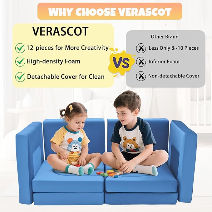 12Pcs Modular Kids Play Couch Multifunctional Foam Toddler Sofa Convertible Kids Sofa Playroom Bedroom Furniture Floor Foam Explorer Couch with Building Fort Feature for Boys and Girls (blue)