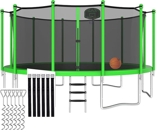 1500LBS 8 10 12 14 15 16 FT Tranpoline for Adults/Kids with Safety Enclosure Net, Basketball Hoop, Ball, Wind Stakes and Ladder, Heavy Duty Outdoor Recreational Tranpolines for Family