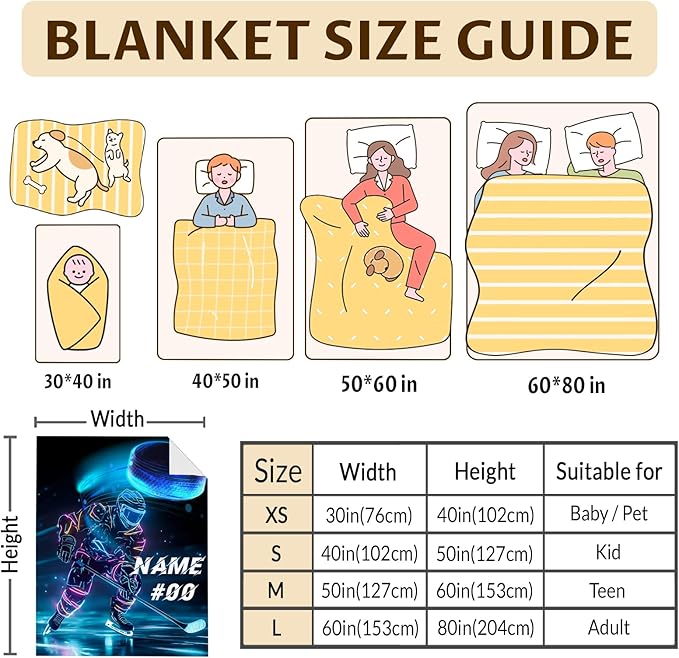 Custom Hockey Blanket with Name, Ice Hockey Blanket, 40 x 30 Inches Kids Blanket for Kids 2-5, Flannel Throw Blanket Gift for Boys, Pets, Hockey Lovers, Soft Throws for Bed, Couch Sofa