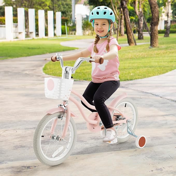 COSTWAY Kids Bike, 12 14 16 18 Inch Toddler Bike Children Bicycle w/Training Wheels, Hand & Coaster Brakes, Adjustable Saddle & Handlebar, Basket, Bell, Kids Bicycle for Girls Boys Aged 3-8 Years Old