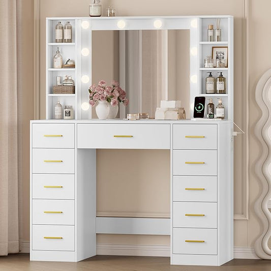 Makeup Vanity with Drawers, 43" White Vanity Desk with Mirror and Lights, 11 Drawers & 4 Shelves, Power Outlet & Adjustable LED Lights, Dressing Table for Women & Girls Bedroom