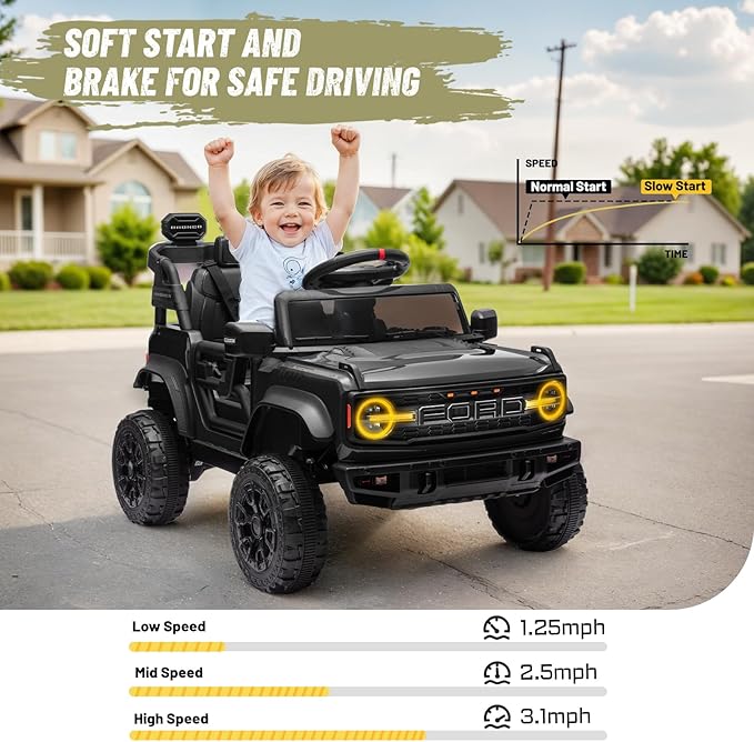 12V Ride on Toy for Kids, Ford Bronco Raptor Kids Electric Car with Parent Remote Control, Battery Powered Truck Car with 4-Wheel Suspension, LED Light, Bluetooth, 3 Speeds (12V, Black)