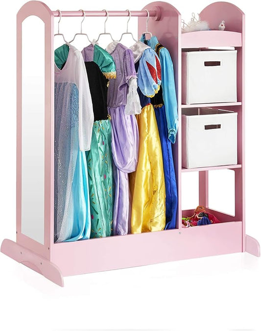 Guidecraft See and Store Dress-up Center – Pink: Pretend Play Costume Storage Wardrobe for Kids with Mirror & Shelves, Armoire with Bottom Tray, Toddlers Room Furniture